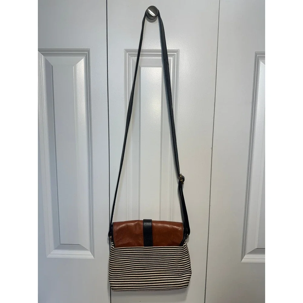 Fossil Kinley Crossbody Bag Womens Small Brown Striped Canvas Leather Flap Purse